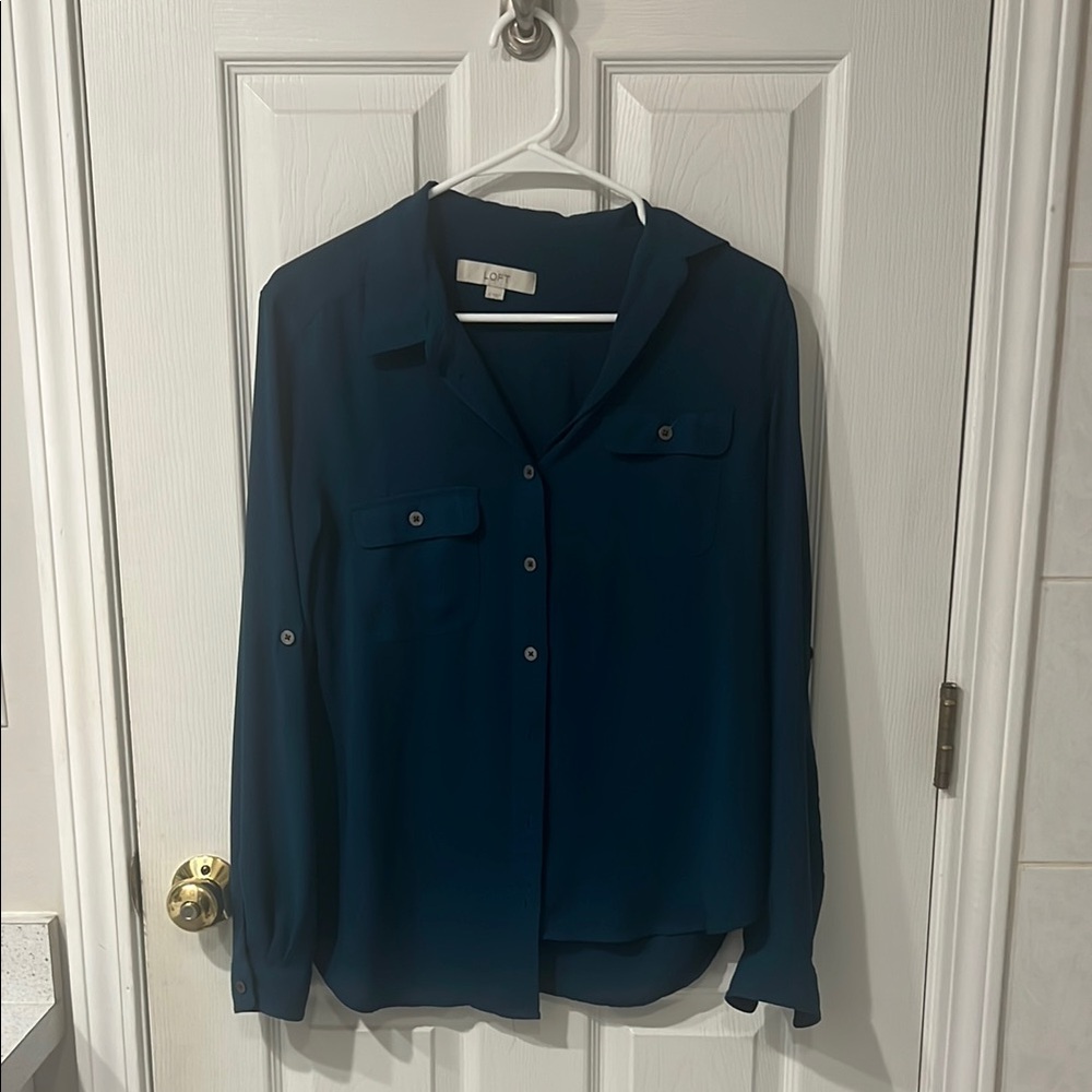 LOFT Black Long Sleeve Notched Collar Button Down Shirt
